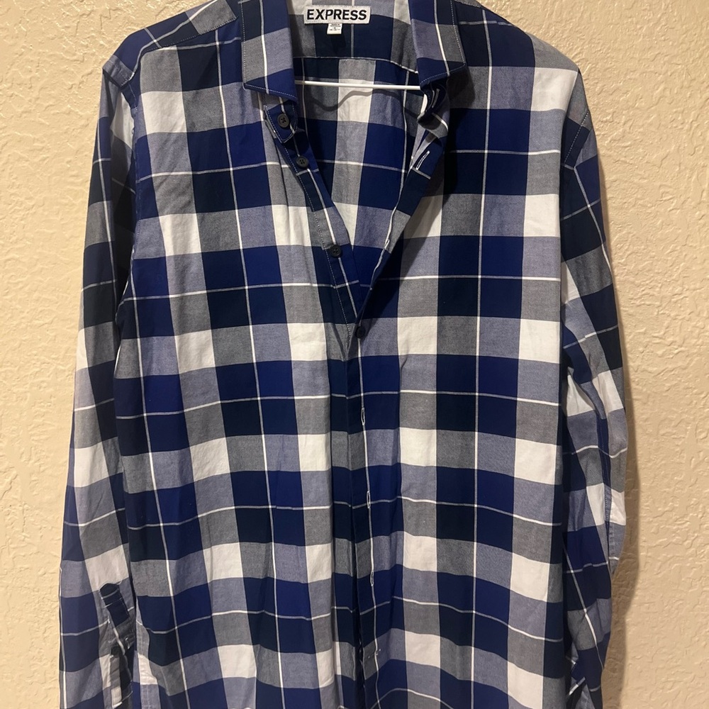 Express Men's Navy and White Checkered Shirt